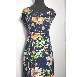 Chocolate Floral Maxi Dress  Blue Orange Flowers Ruffle Neckline Party Size S